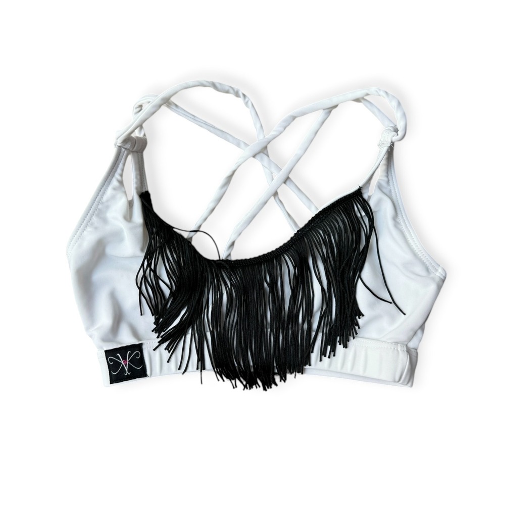 Kandi Kouture Girls White/Black Fringe Criss Cross Back Dance Sports Bra CL 7/8